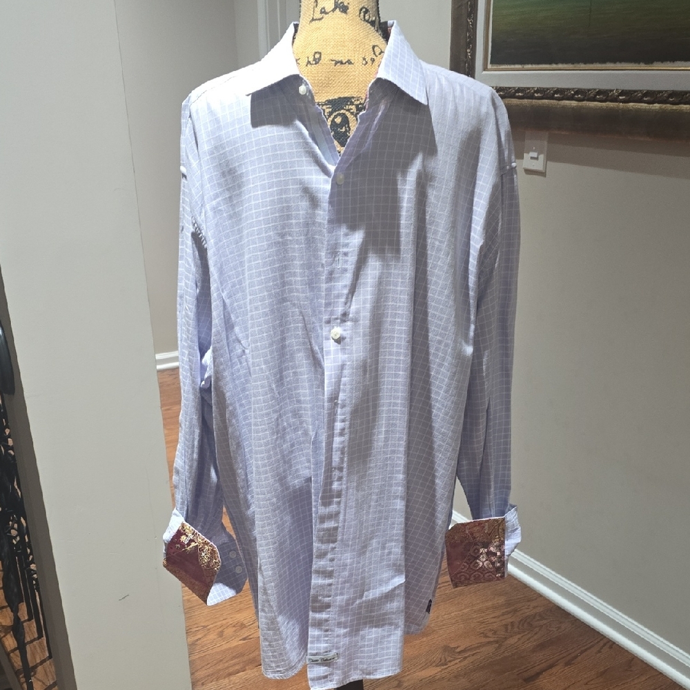 English Laundry Light Purple Checkered Dress Shirt with Red Accents On Cuffs